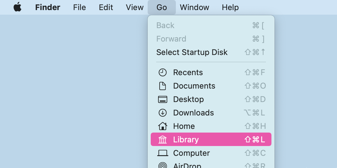Finder Go menu with Library selected