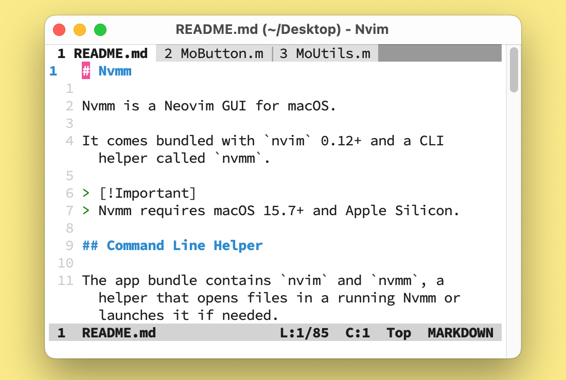 Nvmm window editing a Markdown file with buffer tabs